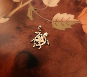 JTV 10K Yellow Gold Tri-Color Diamond-Cut Flower & Turtle Pendant